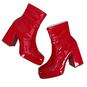 Steve Madden Ever Platform Sock Boots Womens 7.5 Red Faux Patent Leather Square
